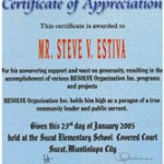Certificate of Appreciation by RESOLVE Org. Inc.
